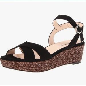 Aquatalia Platform Wedge Sandal Black Suede Woven Heel Sz 8 Quiet Luxury Classic